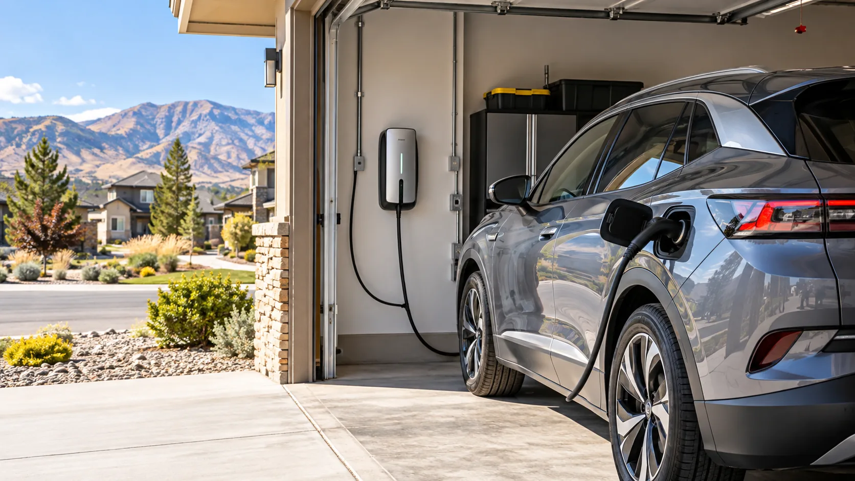 Electric vehicle plugged into a garage wall charger in Reno